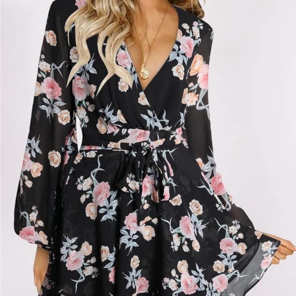 L/M Rosy Summer Dress V Neck Bell Sleeve two third A-Style ties on Waist